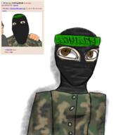 artist:rhubarb_15 balaclava brown_eyes button camouflage glasses headband islam joel_(user) shahada soyjak stubble tranny_artstyle uniform variant:cobson variant:feraljak white_skin woodland // 1280x1280 // 683.0KB