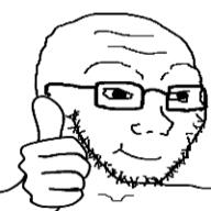3dgifmaker animated closed_mouth content_aware glasses hand smile soyjak stubble thumbs_up variant:soyak // 200x200 // 3.2MB