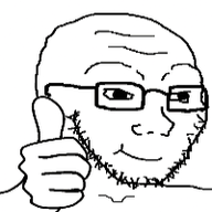 3dgifmaker animated closed_mouth content_aware glasses hand smile soyjak stubble thumbs_up variant:soyak // 200x200 // 3.2MB