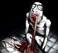 artist:shemmysloota beard black_background blood cannibalism corpse disembowelment doctor dr_soyberg drawfag emaciated glasses intestines judaism lab_coat murder shading soysylum tiled_floor variant:a24_slowburn_soyjak variant:israeli_soyjak // 1310x1216 // 892.2KB