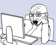 3_arms arm bloodshot_eyes clothes computer crying ear glasses hand open_mouth soyjak stubble variant:soyak // 452x363 // 21.2KB