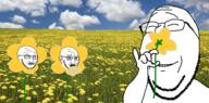 3soyjaks bloodshot_eyes calm closed_eyes concerned flower flowers glasses hand holding_object irl_background looking_to_the_right plant scared smell smile stubble subvariant:wholesome_soyjak variant:gapejak variant:soyak // 1586x784 // 1.7MB
