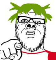 4chan anime closed_mouth clothes glasses green_hair hair hand mustache pointing pointing_at_viewer soyjak stubble variant:a24_slowburn_soyjak yotsoyba // 720x763 // 166.5KB
