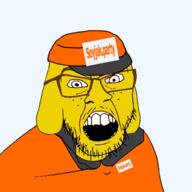 cap clothes dog ear glasses hat janny logo mustache open_mouth soyjak stubble uniform variant:feraljak yellow yellow_skin // 1500x1500 // 471.8KB