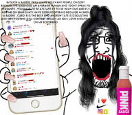 arm baddies bitch bottle clothes girl glasses hair hand holding_object holding_phone i_love instagram iphone irritating long_hair nike nose_piercing open_mouth snapchat soyjak stubble subvariant:phoneplier subvariant:phoneplier_vertical text tiktok variant:markiplier_soyjak // 1170x1020 // 307.4KB