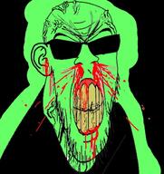 angry blood clenched_teeth clothes cracked_teeth ear glasses glowing green_skin nosebleed soyjak stubble subvariant:feralrage sunglasses trend:glowie variant:feraljak vein yellow_teeth // 399x423 // 213.5KB