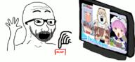 animated anime arm bump button excited gawr_gura glasses hand hands_up hololive inugami_korone luna open_mouth pekora screen shaking soyjak stubble text variant:excited_soyjak vtuber watson_amelia // 800x369 // 106.4KB