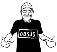 arm closed_mouth clothes ear glasses hand oasis_(band) pointing soyjak stubble tshirt variant:shirtjak // 618x559 // 53.1KB