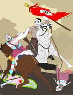 4soyjaks animal art blood bloodshot_eyes classical_art_parody clothes crying flag hair handsome holding_flag holding_object holding_rope horse horseback_riding nazism open_mouth purple_hair rope skirt smile smug soyjak suicide swastika tongue tranny variant:bernd variant:chudjak // 2145x2794 // 245.2KB