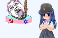 anime bloodshot_eyes communism crying flag furude_rika glasses hair hammer_and_sickle hanging helmet higurashi judaism military nazism open_mouth purple_hair rope schutzstaffel soyjak star_of_david stubble suicide tongue variant:bernd yellow_teeth // 900x600 // 366.7KB