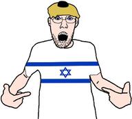 arm clothes ear glasses hand hat israel judaism open_mouth pointing soyjak stubble variant:shirtjak white_skin // 615x557 // 49.8KB
