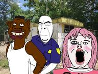 badge black_eye blood brown_skin closed_eyes clothes daddy's_girl domestic_violence its_over pink_hair police tank_top text trailer tyrone variant:a24_slowburn_soyjak variant:cobson // 1080x810 // 1.2MB