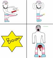 arm blood blush bomb clothes comic dynamite explosion flag full_body glasses hair hand leg makeup mustache neovagina penis purple_hair smile soyjak star_of_david stubble text tranny variant:gapejak variant:markiplier_soyjak // 929x1024 // 394.4KB