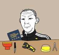 2soyjaks angry balding black_skin book bowl chinese_text closed_mouth cyrillic_text dark_skin desk dictionary ear hair homunculus imminent_death knife russian_language smile stubble table text track_suit tweezers variant:impish_soyak_ears variant:kuzjak white_skin // 1532x1432 // 2.1MB