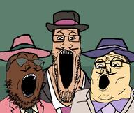3soyjaks barneyfag black_skin cheese clothes don_turtelli fedora foot_fetish glasses green_background hat henchmen moustache my_little_pony necktie open_mouth soyjak_trio stubble suit teenage_mutant_ninja_turtles teeth top_hat traced variant:gapejak variant:markiplier_soyjak variant:tony_soprano_soyjak white_skin // 828x700 // 33.6KB