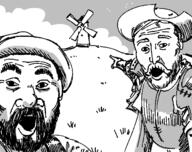 2soyjaks arm beard clothes don_quixote hand hat mustache open_mouth pointing soyjak spain variant:two_pointing_soyjaks windmill // 680x538 // 22.2KB