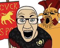 2soyjaks arm blue_eyes bull caesar's_legion caesar_(fallout_character) clothes cuck fallout fallout_new_vegas flag glasses hair helmet horn legate_lanius open_mouth roman_legionary_helmet rome soyjak variant:el_perro_rabioso variant:tony_soprano_soyjak video_game white_skin yellow_hair yellow_skin // 1004x800 // 126.6KB