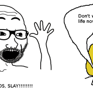 2soyjaks animal animated arm clothes dog ear glasses hand hands_up janny open_mouth soyjak speech_bubble stubble text variant:excited_soyjak variant:markiplier_soyjak yellow yellow_skin // 800x371 // 64.4KB