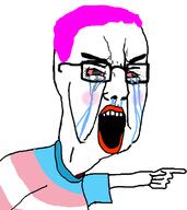 angry arm bloodshot_eyes clothes crying glasses hair hand makeup open_mouth pink_hair pointing soyjak tranny tshirt variant:chudjak // 680x762 // 91.9KB