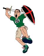 angry cargo_shorts castizo castizo_futirism chud clothes fascism full_body hair holding_object holding_shield holding_sword latin_america latino mexico national_socialism nationalism new_balance open_mouth shield sneakers sword tshirt white_background // 1355x1729 // 426.0KB
