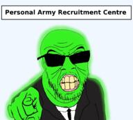 angry central_intelligence_agency clenched_teeth clothes glowing hand personal_army pointing pointing_at_viewer shades soyjak stubble suit suit_and_tie text trend:glowie variant:feraljak wrinkles // 1013x914 // 341.3KB