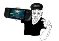 arm cap clothes ear hand hat holding_object open_mouth pointing steam_deck tshirt valve variant:unknown // 2050x1442 // 900.0KB