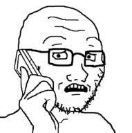 glasses hand holding_object holding_phone open_mouth phone scared soyjak stubble subvariant:soyak_(concerned) variant:soyak // 795x799 // 119.7KB