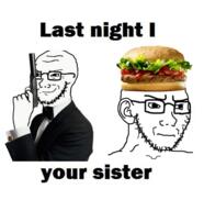 2soyjaks arm bowtie clothes concerned ear firearm food frown glasses gun hamburger hand holding_gun holding_object holding_pistol james_bond meme nice pistol pun smile smug soyjak stubble text tuxedo tv_(4chan) variant:soyak walther_pp weapon // 461x476 // 170.9KB