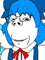 anime blue_eyes blue_hair bowtie cirno clothes glasses hair hair_ribbon hand smile soyjak subvariant:wholesome_soyjak touhou variant:gapejak video_game // 592x787 // 171.8KB