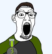 award badge bald brapjak_farty brown_hair clothes ear glasses green_shirt hugh hugh_janus open_mouth soyjak soyteen variant:gimper white_skin wrinkles // 947x990 // 69.9KB