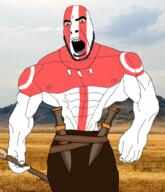 belt brown_eyes buff field holding_object holding_spear indo_european irl_background knife necklace nipple open_mouth sky soyjak spear variant:cobson warrior yamnaya // 859x1000 // 873.7KB
