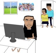 3soyjaks angry arm black_eyes brown_skin closed_mouth computer ear father field full_body hair hand hololive indonesia indonesian monitor mother soyjak subvariant:chudjak_front variant:chudjak vt_(4chan) vtuber window // 2250x2144 // 1.3MB