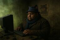 'p bartificial_intelligence black_skin brap chatgptrimstone coal computer double_chin fedora jimbo_(namefag) jimbo_(user) meta:namefags niko_(oneshot) scarf // 1536x1024 // 2.4MB