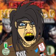 4chan andy_sixx angry b_(4chan) badge blue_eyes coprophagia ear eyeshadow glasses hair lgbt logo logposter long_hair mcafee poop skull soyjak stubble twitter variant:feraljak white_skin yellow_teeth // 1500x1500 // 1.2MB