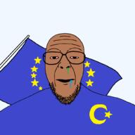 beard bloodshot_eyes brown:skin clothes european_union flag glasses looking_at_you moon open_mouth soyjak star_(symbol) variant:patriotjak // 1023x1023 // 29.4KB