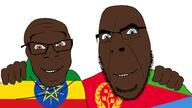 2soyjaks blue_eyes brown_eyes brown_skin country eritrea ethiopia flag flag:eritrea flag:ethiopia friendship glasses hand happy looking_at_you no_more_brother_wars smile soyjak stubble variant:cobson variant:feraljak // 1920x1080 // 143.4KB