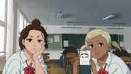 anime brown_skin classroom closed_mouth dandadan_(anime) facing_front female girl glasses hand holding_object looking_at_you mirror school variant:chudjak // 2560x1440 // 835.8KB
