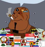 Warrior-Z(user) award bald bloodshot_eyes brown_skin cigarette closed_mouth flags flies hello_my_name_is_(sticker) queen_of_spades rent_free slopjak soyjak speech_bubble subvariant:mexiaryan t50_eyes variant:meximutt // 886x910 // 463.4KB