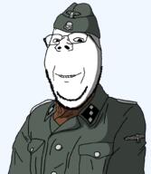 clothes collar_tabs epaulettes glasses hat military military_uniform nazism reichsadler scarf schutzstaffel side_cap smile soyjak stubble subvariant:wholesome_soyjak swastika totenkopf transparent_background variant:gapejak world_war_2 // 890x1024 // 35.3KB