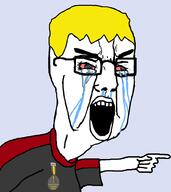 angry arm badge bloodshot_eyes clothes crying glasses hair hand nate open_mouth pointing soyjak soyjak_party text tshirt variant:chudjak yellow_hair // 917x1027 // 43.1KB