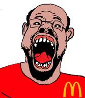 amerimutt balding beard black_sclera brown_skin clothes ear glasses hair mcdonalds open_mouth soyjak variant:nigjak // 346x398 // 17.9KB