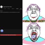 2soyjaks clothes flag glasses open_mouth purple_hair smile soyjak soyjak_party stubble tongue tranny trаnnу variant:bernd yellow_teeth youtube // 1000x1000 // 184.5KB