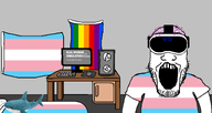 1soyjaks balding beard bed bedroom blahaj computer computer_mouse flag:gay_pride_flag flag:transgender_pride_flag grey_background hair keyboard monitor mouse mouth_open open_mouth pc purple_hair simulation stubble table tranny troon troonslop variant:markiplier_soyjak video_game virtual_reality vr_headset // 1920x1016 // 137.5KB