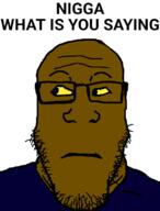 black_skin closed_mouth clothes glasses looking_to_the_left nigger soyjak stubble text variant:markiplier_soyjak yellow_sclera // 600x790 // 28.4KB