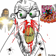 angry animated blood bug christianity clenched_teeth cracked_teeth demon ear glasses jesus meds moving_eyes mustache nosebleed picmix schizophrenia soyjak spider stubble subvariant:feralrage variant:feraljak vein yellow_teeth // 486x500 // 544.2KB