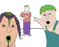 2soyjaks anime arm blue_eyes clothes ermes_costello foo_fighters_(jojo) green_hair hair hand jojos_bizarre_adventure open_mouth pointing purple_hair soyjak variant:two_pointing_soyjaks variant:wojak white_skin // 750x593 // 97.4KB