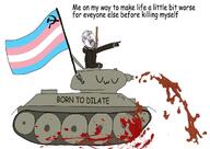 arm blood bloodshot_eyes clothes communism crying dilation flag glasses hair hammer_and_sickle hand hanging open_mouth pointing purple_hair rope soyjak stubble suicide tank text tongue tranny uwu variant:bernd yellow_teeth // 1200x849 // 125.8KB