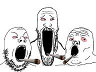 3soyjaks bloodshot_eyes open_mouth red_eyes soyjak stretched_mouth stubble trend:soyjak_trio variant:gapejak variant:markiplier_soyjak variant:tony_soprano_soyjak weed // 824x617 // 76.0KB