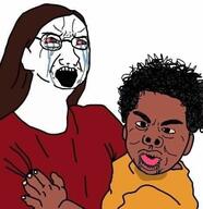 angry arm black_skin bloodshot_eyes brown_hair clothes crying drool ear female glasses hand long_hair mother niglet open_mouth single_mother son soyjak subvariant:female_soyak variant:soyak // 467x481 // 38.6KB