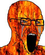 animated beard big_eyes bloodshot_eyes burn burning burnt crying ext=gif fire glasses open_mouth red_eyes series:elementjaks soy soyjak stretched_chin stretched_mouth stubble tear variant:soyak // 589x720 // 5.0MB